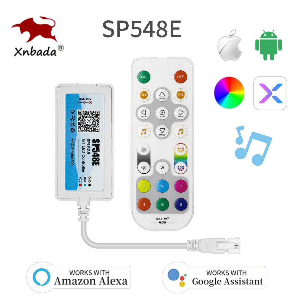Controlador LED de música SP548E WiFi para WS2812b WS2811 tira de LED RGB de píxeles direccionables salida única Control de aplicación de voz inteligente Alexa