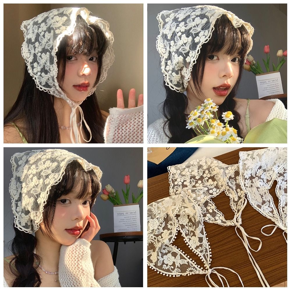 Bandana cabelo banda para meninas, cachecol triângulo, envoltórios, turbante, acessórios de cabelo, campo estilo, renda, bonito
