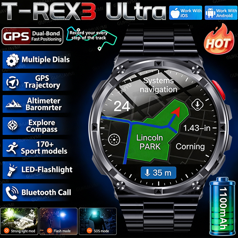 2026 ใหม่ T-Rex3 Pro 1100mAh แบตเตอรี่สมาร์ทวอทช์ GPS 5ATM กันน้ำกีฬาติดตามการวิ่งกลางแจ้งเข็มทิศทหารสมาร์ทวอทช์