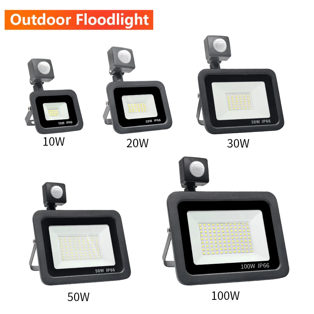 Reflector LED PIR Sensor de movimiento 220V 10W 20W 30W 50W 100W 150W Reflector de luz de inundación impermeable IP66 iluminación de inducción al aire libre