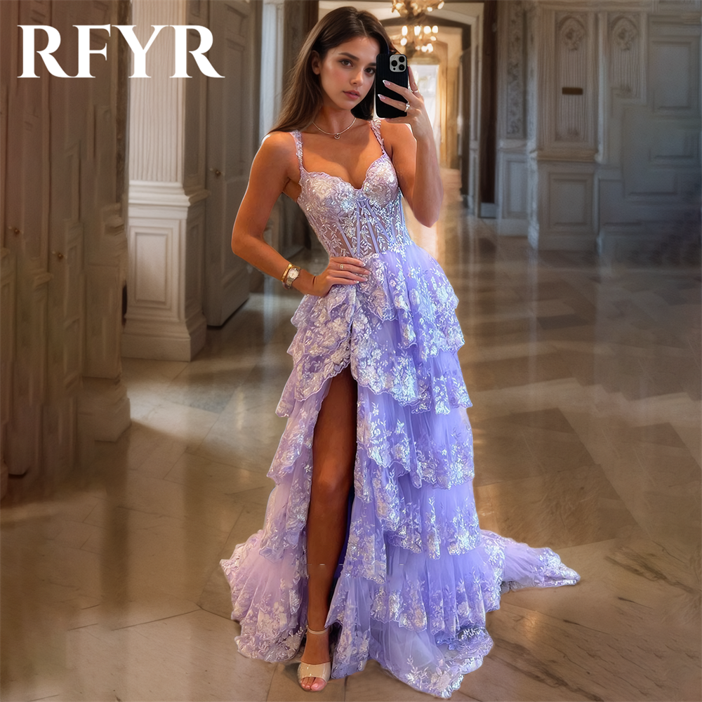 RFYR-vestido de noche morado con lentejuelas para playa, vestido de fiesta escalonado con tirantes finos, apliques plisados, vestido de noche con abertura lateral personalizado