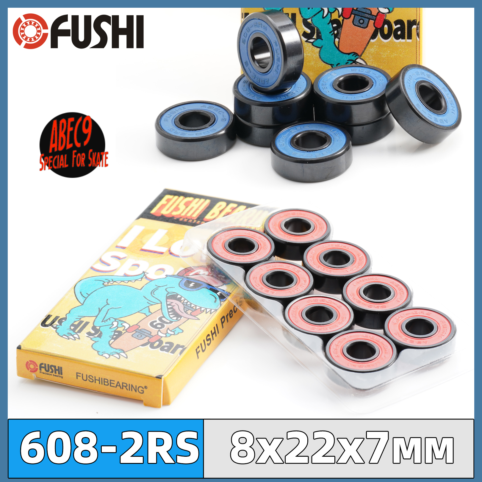 Łożyska kulkowe FUSHI do deskorolki 608rs, rozmiar 8x22x7 mm ABEC-9, łożysko nylonowe 608 2RS z czerwonym olejem i niebieskim olejem, pudełko z 8 szt.
