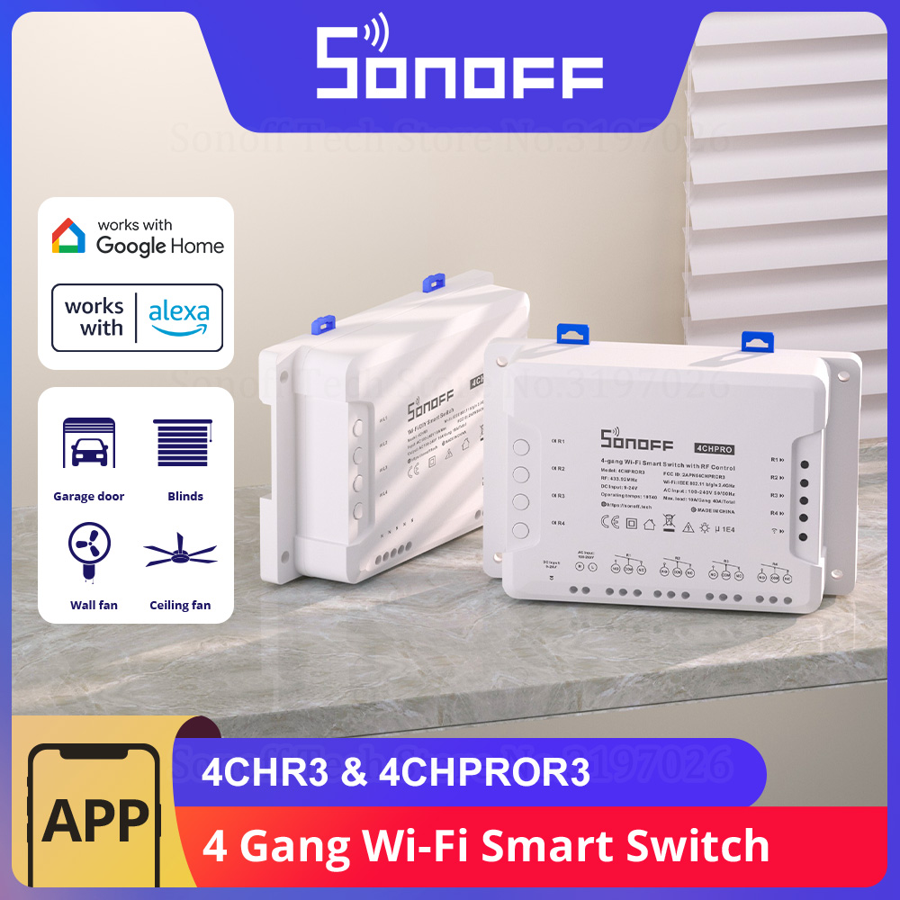 SONOFF-Módulo de interruptor inteligente WiFi, control por voz, modo de enclavamiento a través de la aplicación eWeLink, compatible con Alexa y Google, 4CHR3/4CHPROR3