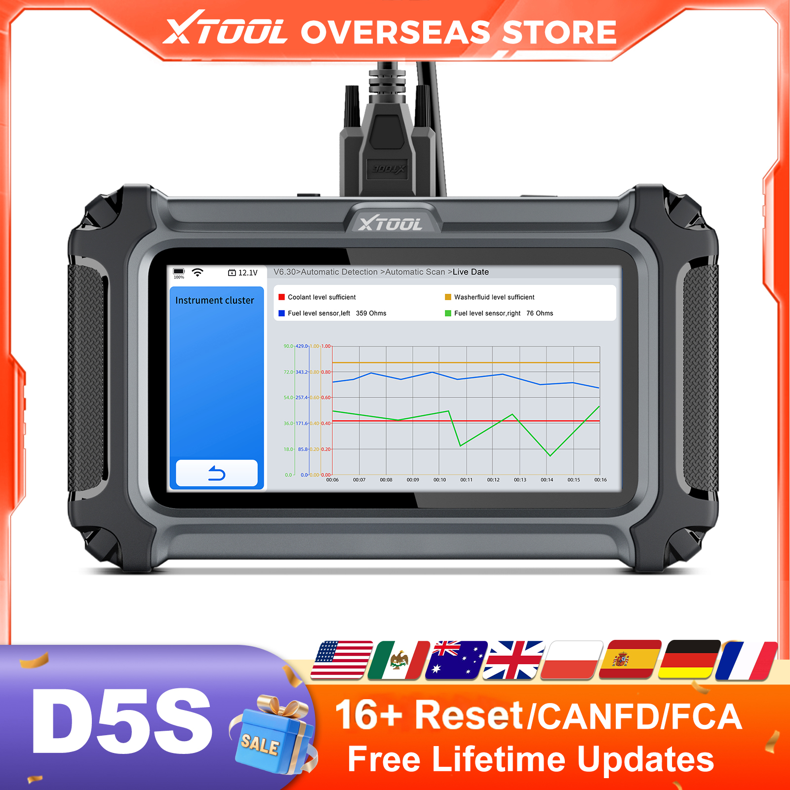 XTOOL D5S Narzędzie Diagnostyczne Samochodowe 5 Systemów Automatyczny Skaner OBD2 4-w-1 Dane na Żywo z Ponad 16 Funkcjami Resetowania z Protokołem CANFD FCA Dożywotnie Bezplatne Aktualizacje