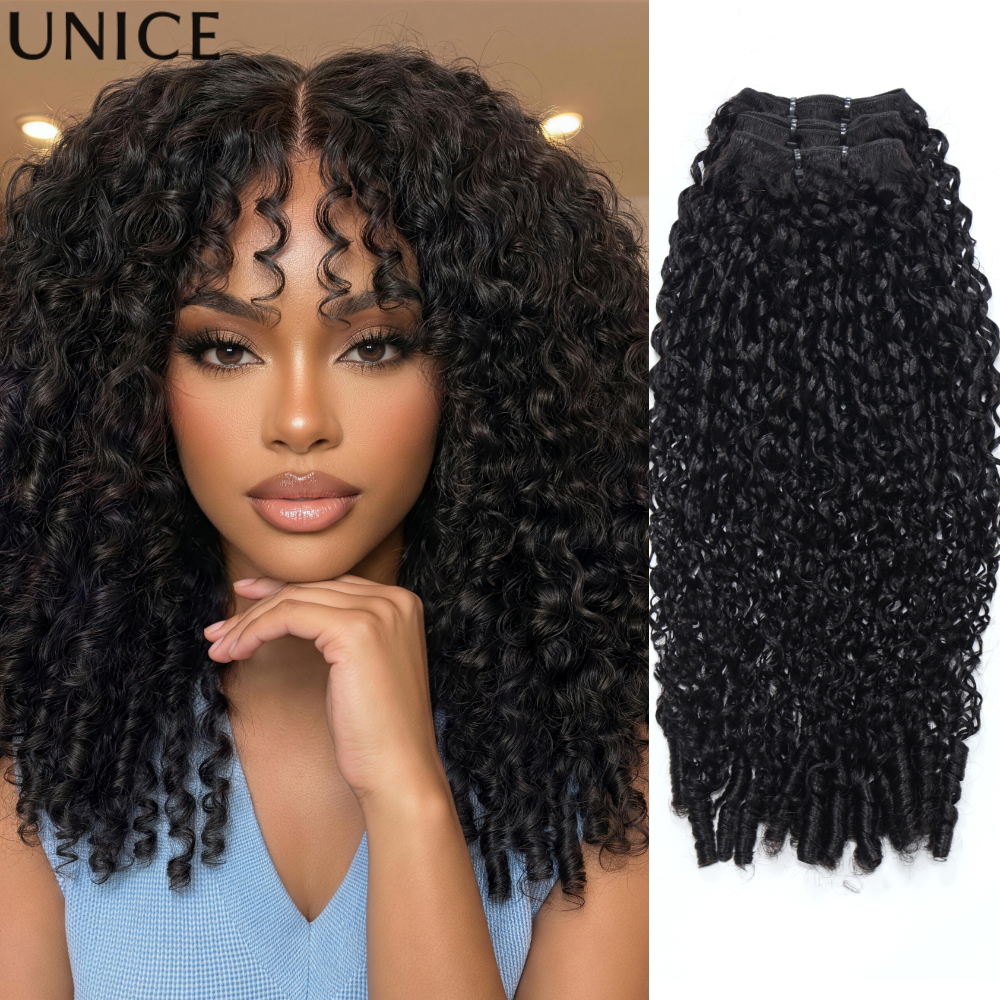 Extensiones de Cabello Humano Rizado Birmano UNice con Puntas Enrolladas, Color Negro Natural 12A, 100% Cabello Humano, 1/3 Piezas, 100 Gramos por Paquete