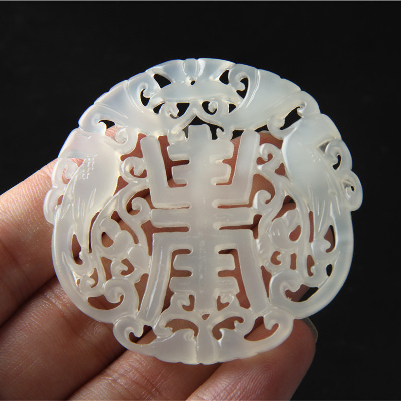 Natural Xiu Jade Antique Style Longevity Pendant Retro Hollow Double Phoenix Pendant Xiu Jade Unisex Jade PendantdiyPendant