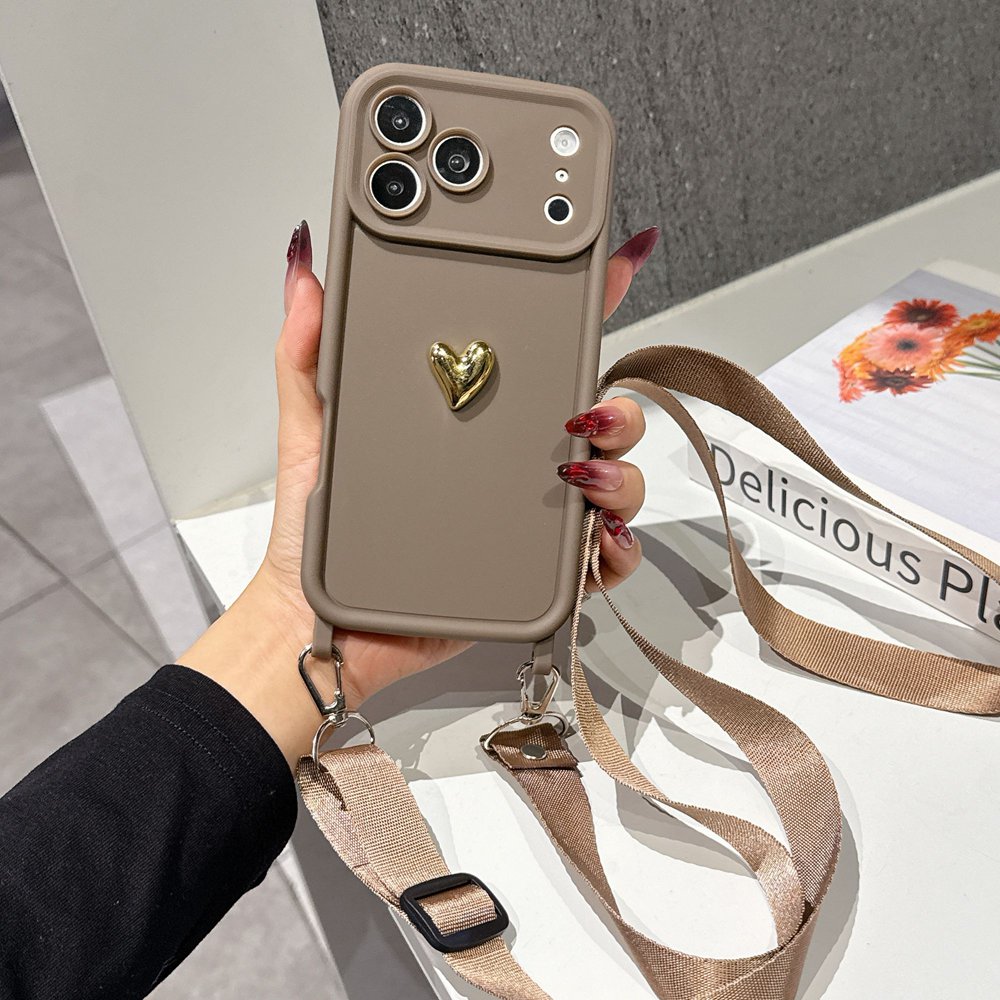 Cute Korean 3D Golden Love Heart Soft Case For iPhone 17 11 12 13 14 15 Pro Max 16 Plus Crossbody Necklace Strap Lanyard Cover