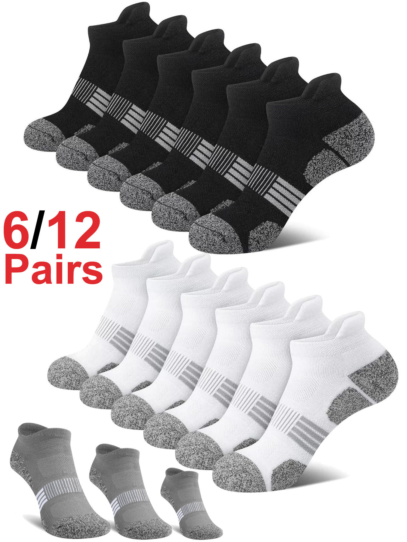 12 Pares de Meias Masculinas de Cano Curto Tamanho Grande, Respiráveis, Absorventes de Suor, para Basquete e Corrida, com Protetor de Calcanhar Incluído