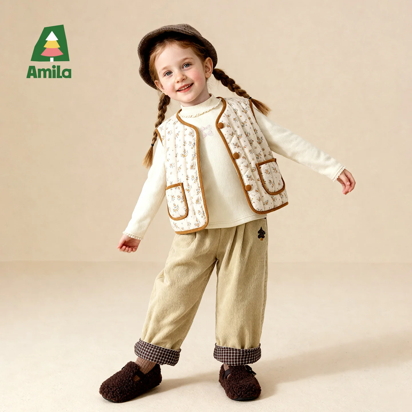 Amila Kids 2025 kinderwinter losse casual broek effen kleur stof innerlijke geruite splitsen casual retro warmte