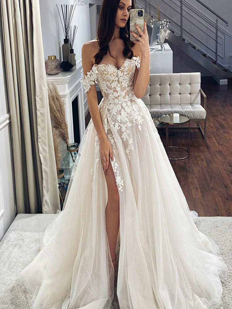 Vestidos de novia elegantes de encaje, corte en A, con hombros descubiertos, escote en forma de corazón, vestidos de novia con abertura lateral, apliques Vintage, Vestido de novia