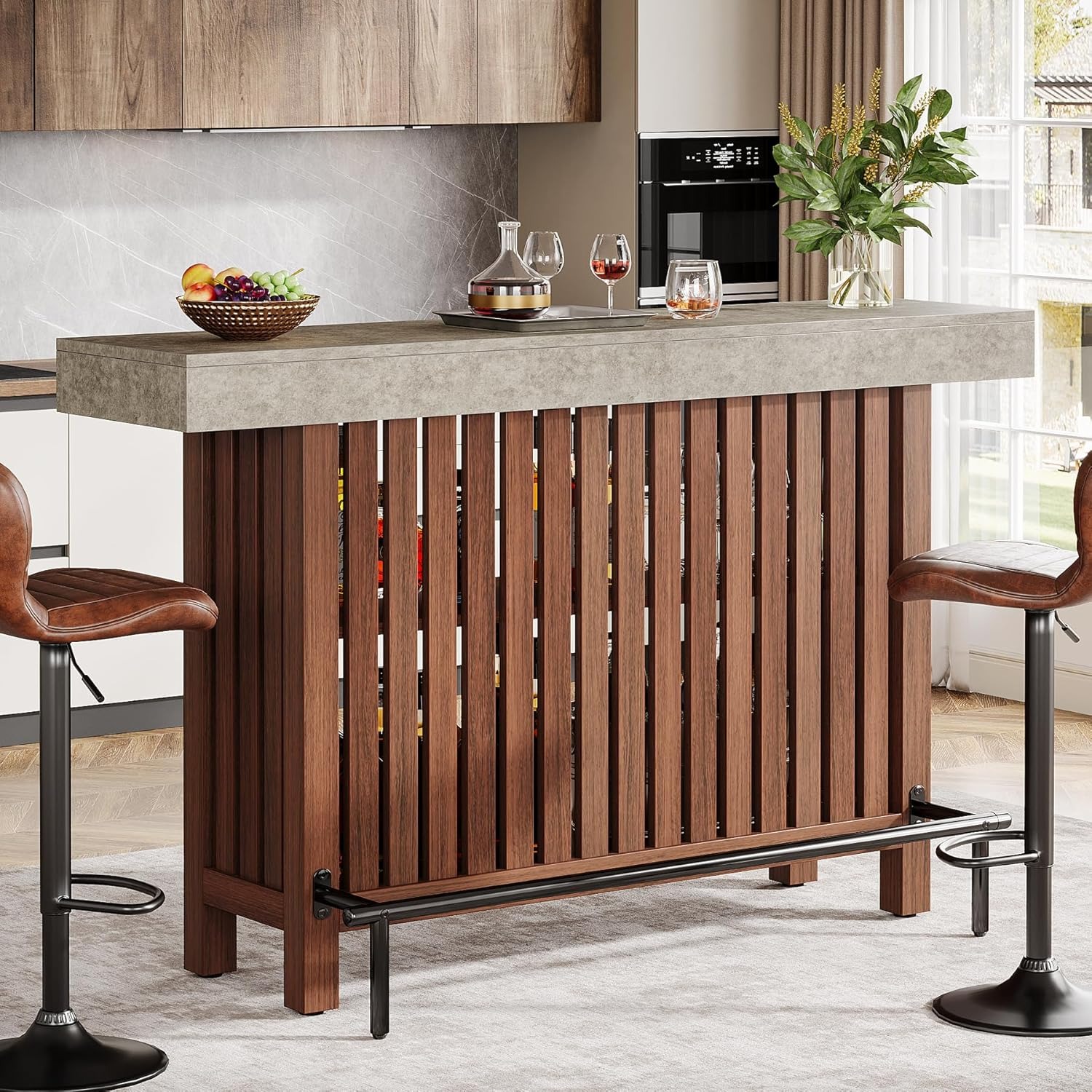 LITTLE TREE 63-Inch Large Home Bar Unit,2-Tier Kitchen Island Mini Bar Height Pub Table with Footrest, Modern Coffee Bar Cabinet