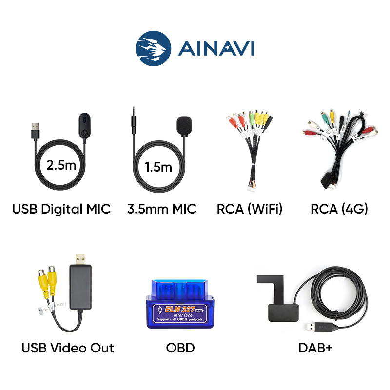 Cable RCA multifuncional Ainavi para coche, micrófono Digital USB Multimedia Android, ranura para tarjeta 4G, micrófono de 3,5mm, OBD, DAB+