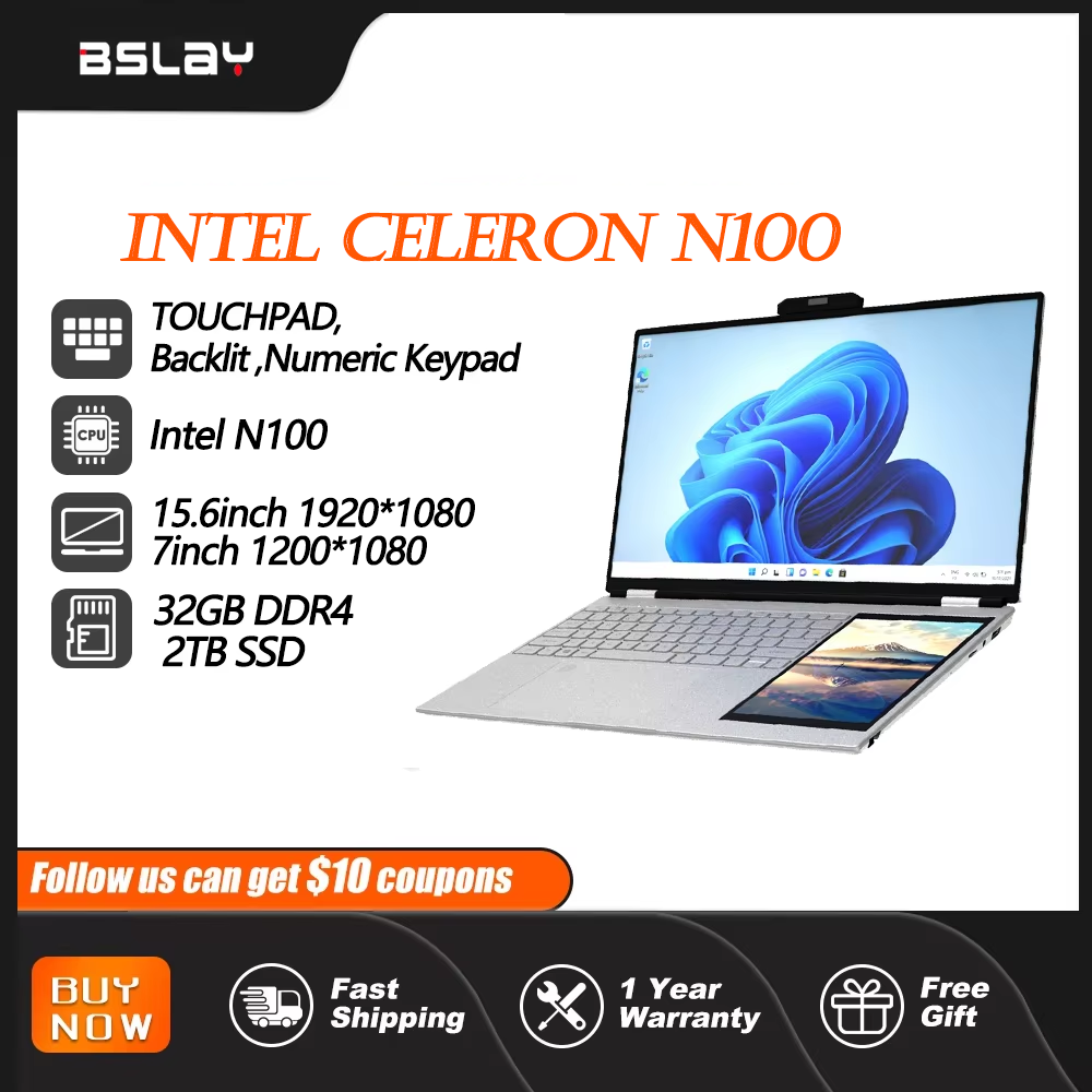 2025 Dual screen high-definition camera laptop, 15.6+7-inch fingerprint, Intel N100 32GB RAM 2TB SSD  Win11 backlit keyboard