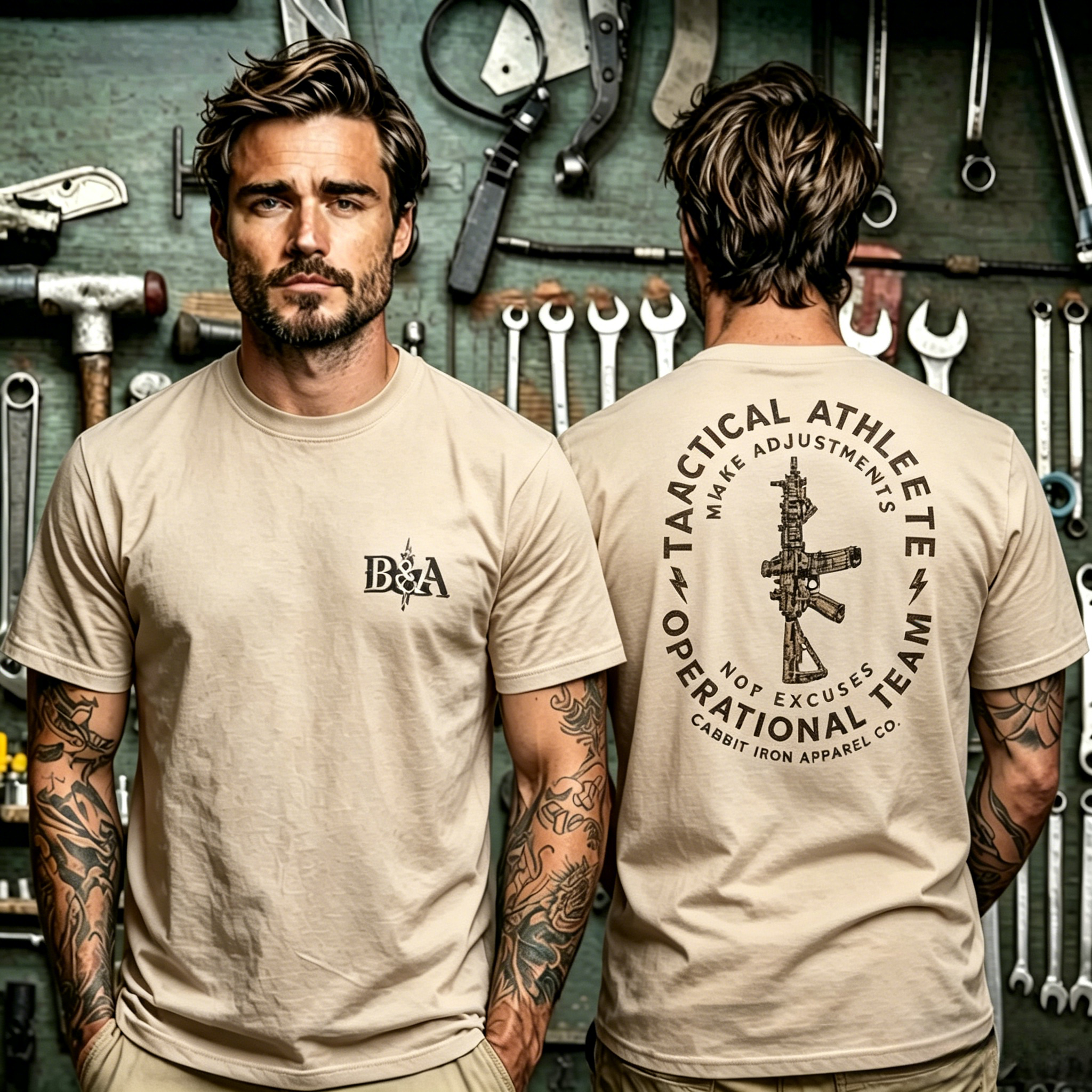 Dubbelzijdig tactisch grafisch katoenen T-shirt met minimalistisch logo en militaire print, casual streetwear top