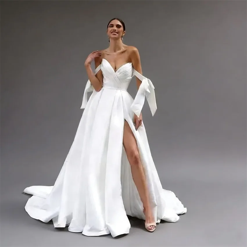 Customized Elegant Simple Satin Sweetheart Wedding Dresses Women Bow Pleated High Slit Bridal Gowns Button A-line Bride Dress