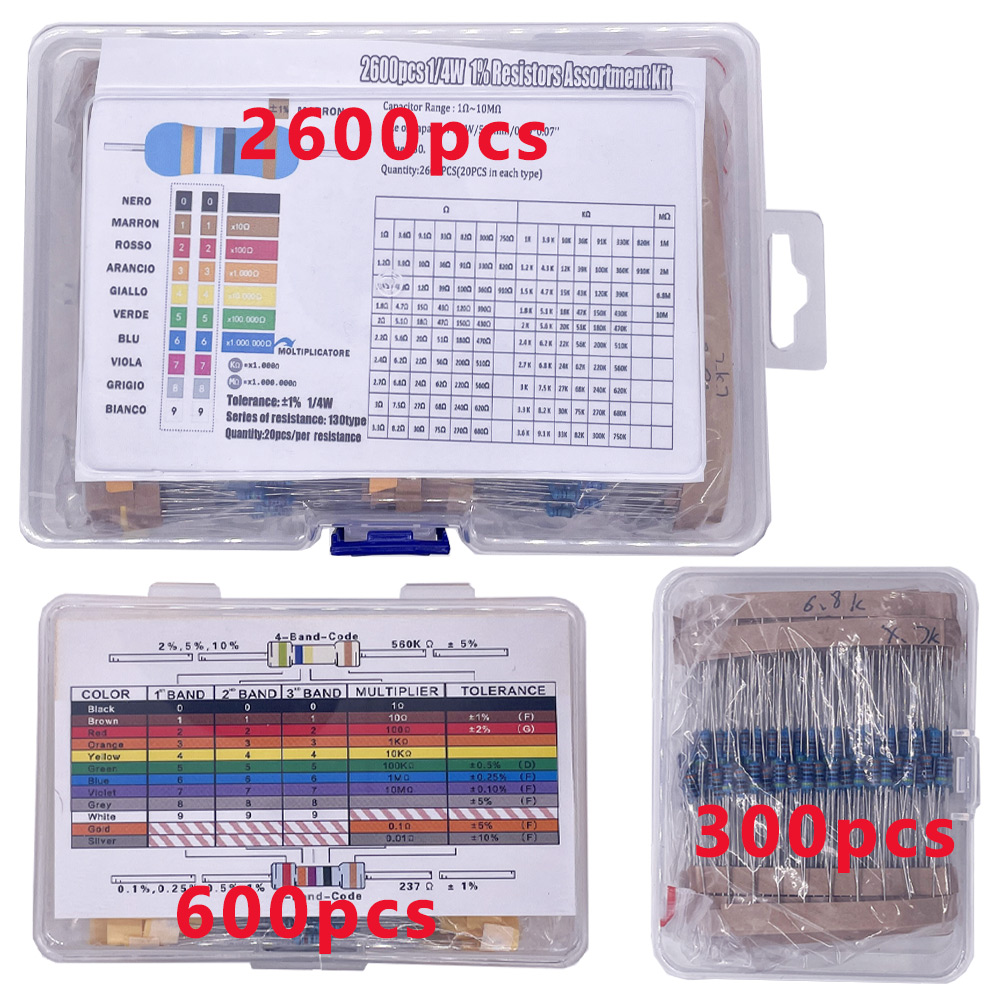 Zestaw rezystorów 300/600/2600 szt. 1% Rezystory metalizowane 1/4W, opory od 10 Ohm do 1M Ohm, 30/130 wartości, zestaw komponentów elektronicznych