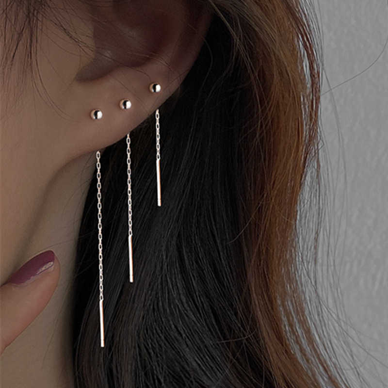 Pendientes colgantes de acero inoxidable a la moda, bola geométrica, cadena larga con borlas, pendientes colgantes para mujer, línea de oreja minimalista, joyería Kpop