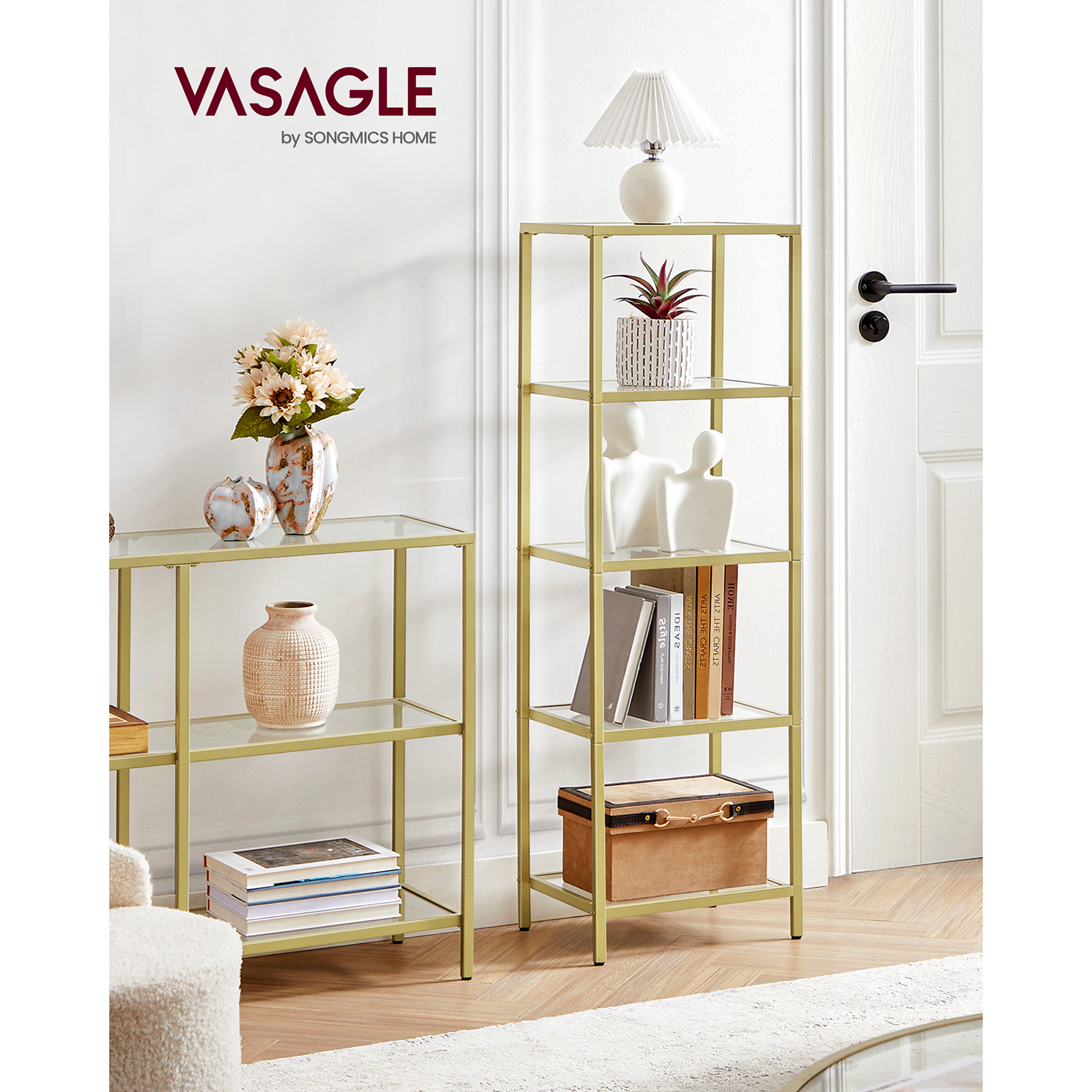 Vasagle 5-Tier Glazen Plank, Boekenplank, Opbergrek, Gehard Glas, Eenvoudige Montage, Voor Badkamer, Woonkamer