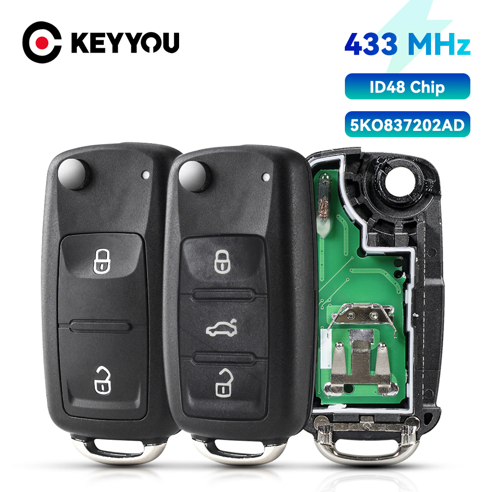KEYYOU 2 Button Flip Remote Key Fob For VW Beetle Bora Golf Passat Polo Transporter T5 1J0959753AG 434MHz ID48 Chip