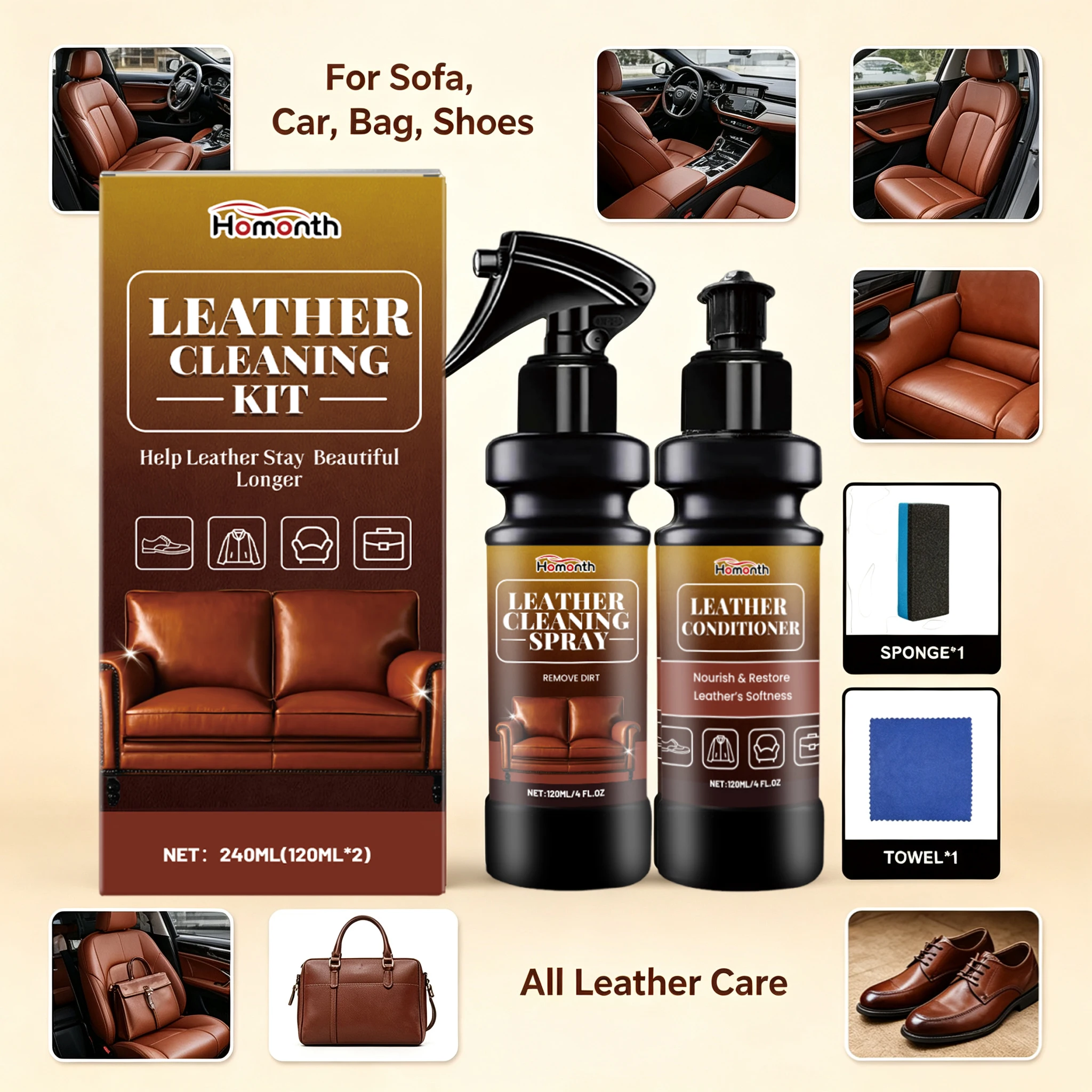 Leather Cleaner Conditioner Kit Care Set Deep Spray Nourishing Cream Restores Softness Shine Prevents Cracking Includes Sponge