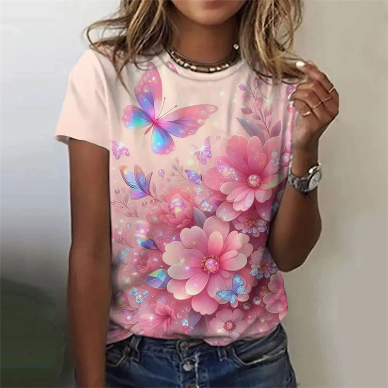 Camiseta feminina 3D com tema borboleta, blusa casual de manga curta, blusa extragrande básica, roupas femininas, moda verão, mais nova