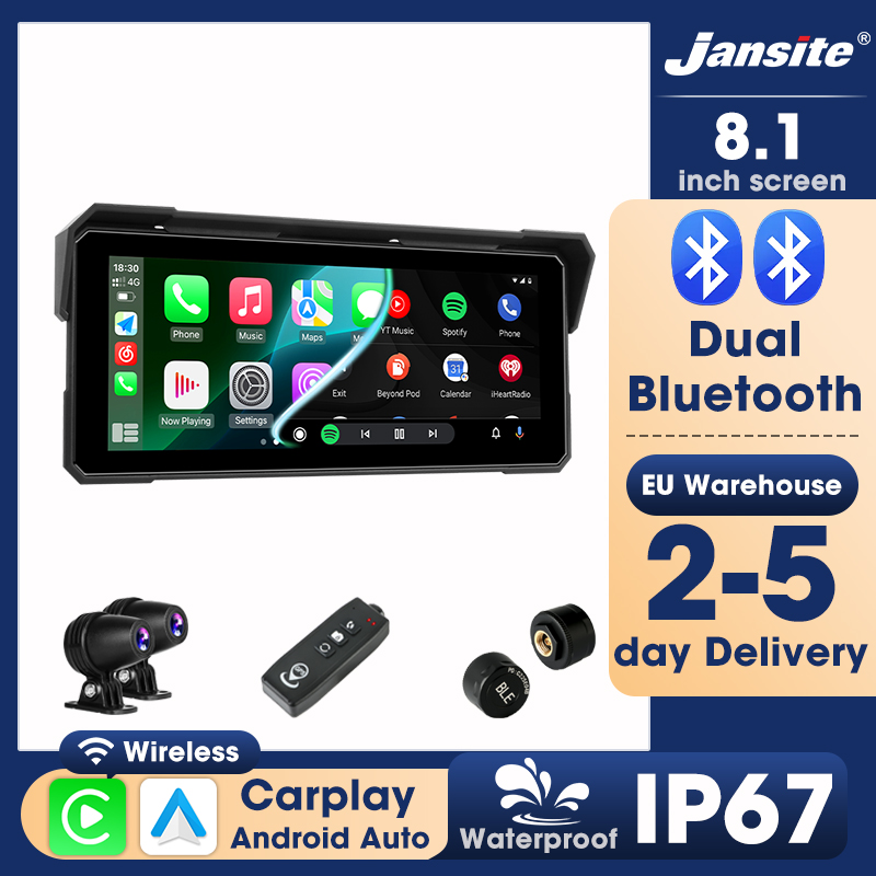 Jansite Tragbarer 8,1 Zoll IP67 Wasserdichter Motorrad 4K DVR Navigations-GPS Drahtloses Carplay Android Auto TPMS Digitaler Motorrad-Armaturenbrett-Rekorder Monitor