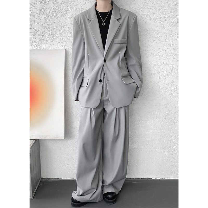 Conjunto de Terno Casual Masculino Solto de 2 Peças com Ombreiras, Tendência Streetwear Coreano 2025, Novo Conjunto: Jaqueta + Calça de Terno
