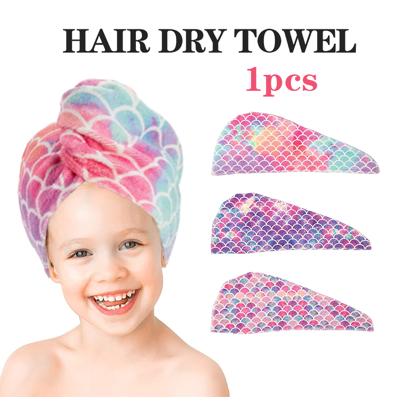 Tampão de cabelo seco em escala de peixe para crianças, fibra ultrafina, toalha absorvente macia essencial para banheiro e sala de estar, 1 pc