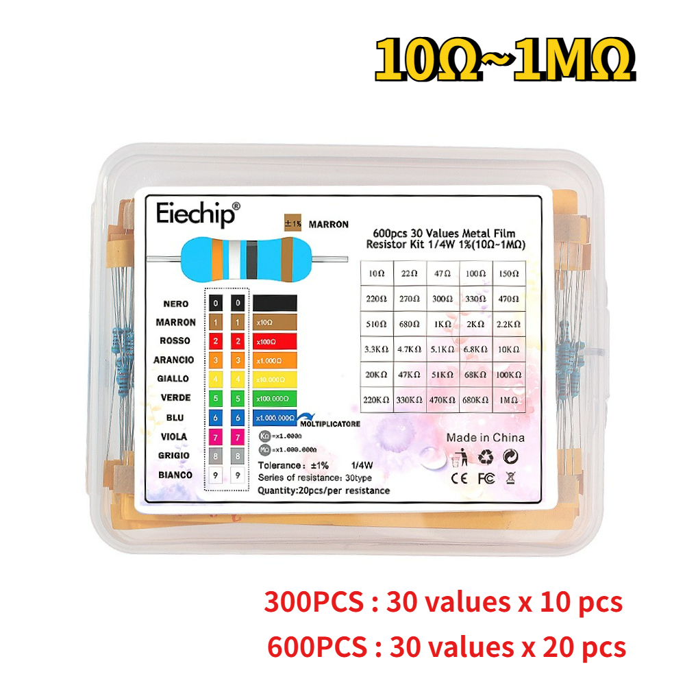 300/600 Stück 1/4 W Metallschichtwiderstands-Set, 0,25 W Widerstände, 1 % 30 Werte, 10 Ω ~ 1 MΩ, farbiges Ringwiderstands-Elektronik-Set