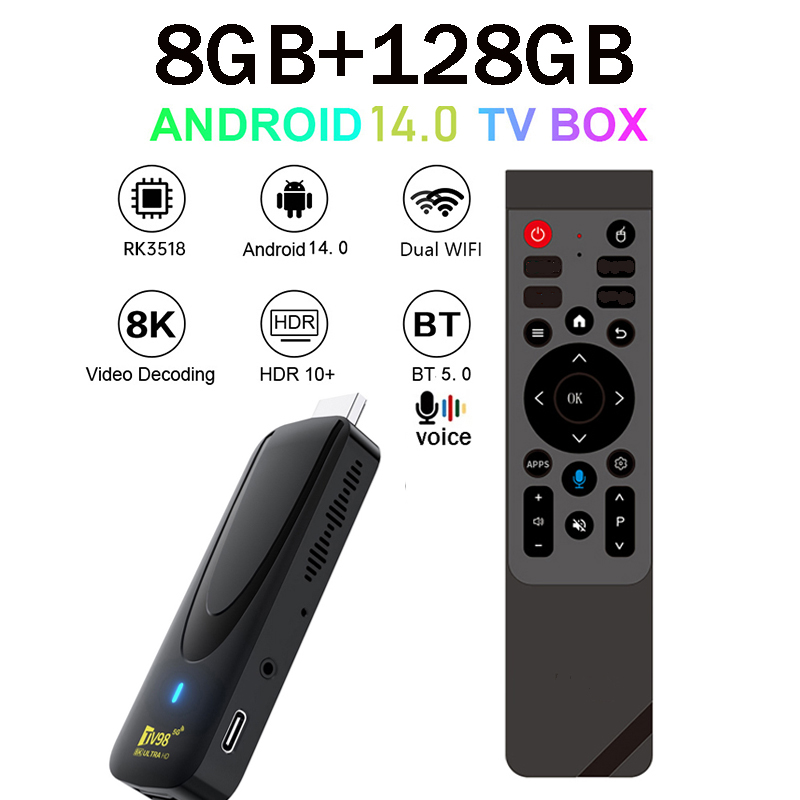 Ổ đĩa TV98 RK3518 8GB 128GB Android 14 thật RK3518 Quad Core 4G 5G WiFi6 HD 8K 4K máy chơi media thông minh BT5.0 điều khiển từ xa bằng giọng nói iptv