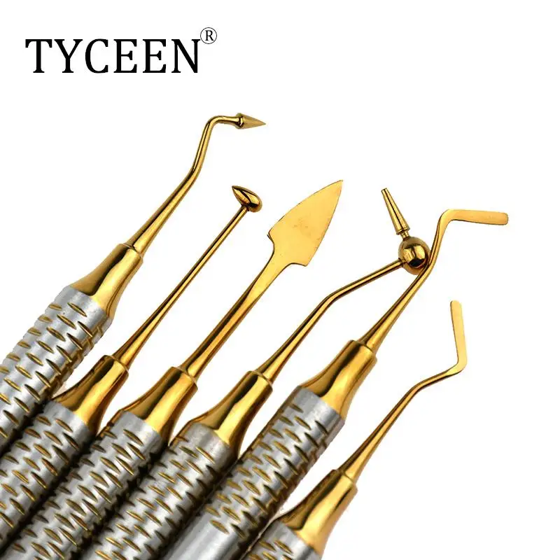 6 stücke Dental Komposit Füllung Spachtel Titan überzogen Kopf Harz Füllstoff Set dicken griff Restaurierung set Dental Instrument