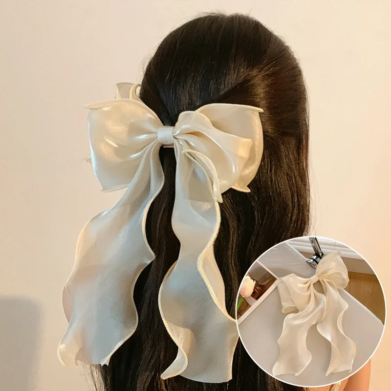 แฟชั่นชีฟองโบว์ผมคลิป Blue Shining ซาติน Bowknot คลิปผมริบบิ้นโบว์ Barrette Hairpin Grip หางม้าคลิป Headwear