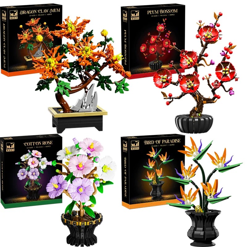 Blocos de Montar Criativos: Buquê de Hibisco e Flor de Ameixa em Vaso, Flor de Grua, Decoração de Plantas para Casa, Brinquedos e Presentes