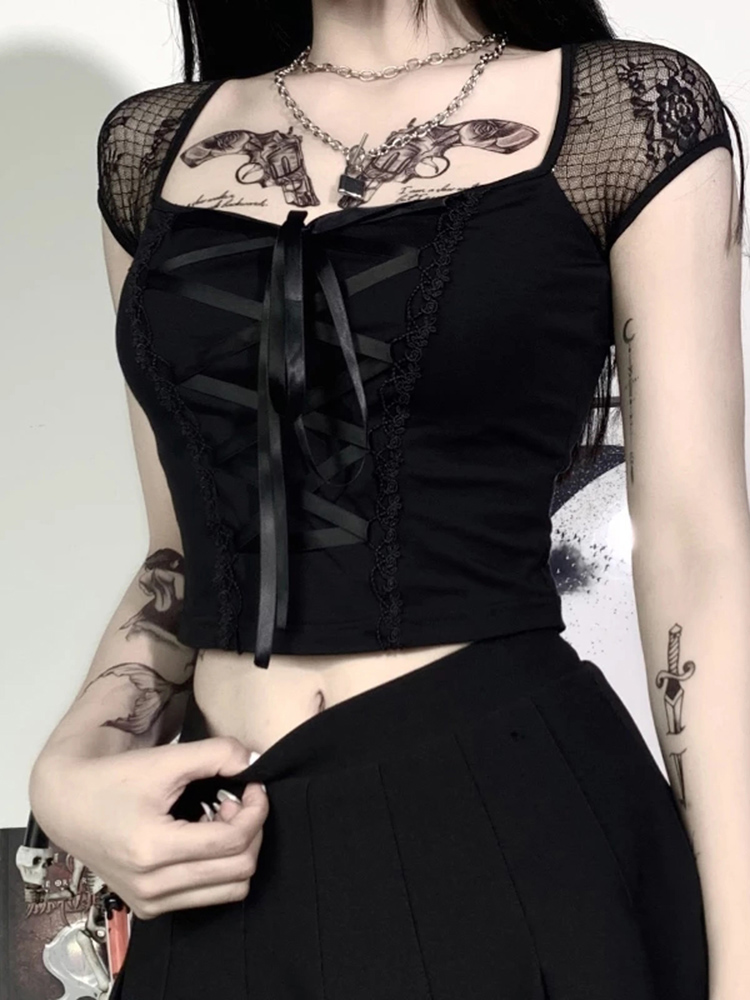 Camisetas góticas Vintage para mujer, camisetas ajustadas de encaje negro, ropa de calle gótica, Top Sexy para mujer, camiseta informal de malla