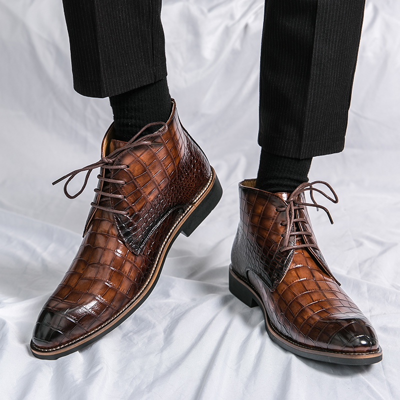 Vintage Krokodil Patroon Lakleer Laarzen Mannen Chelsea Laarzen Heren Enkellaars Fashion Designer Mannen Merk Platte laarzen