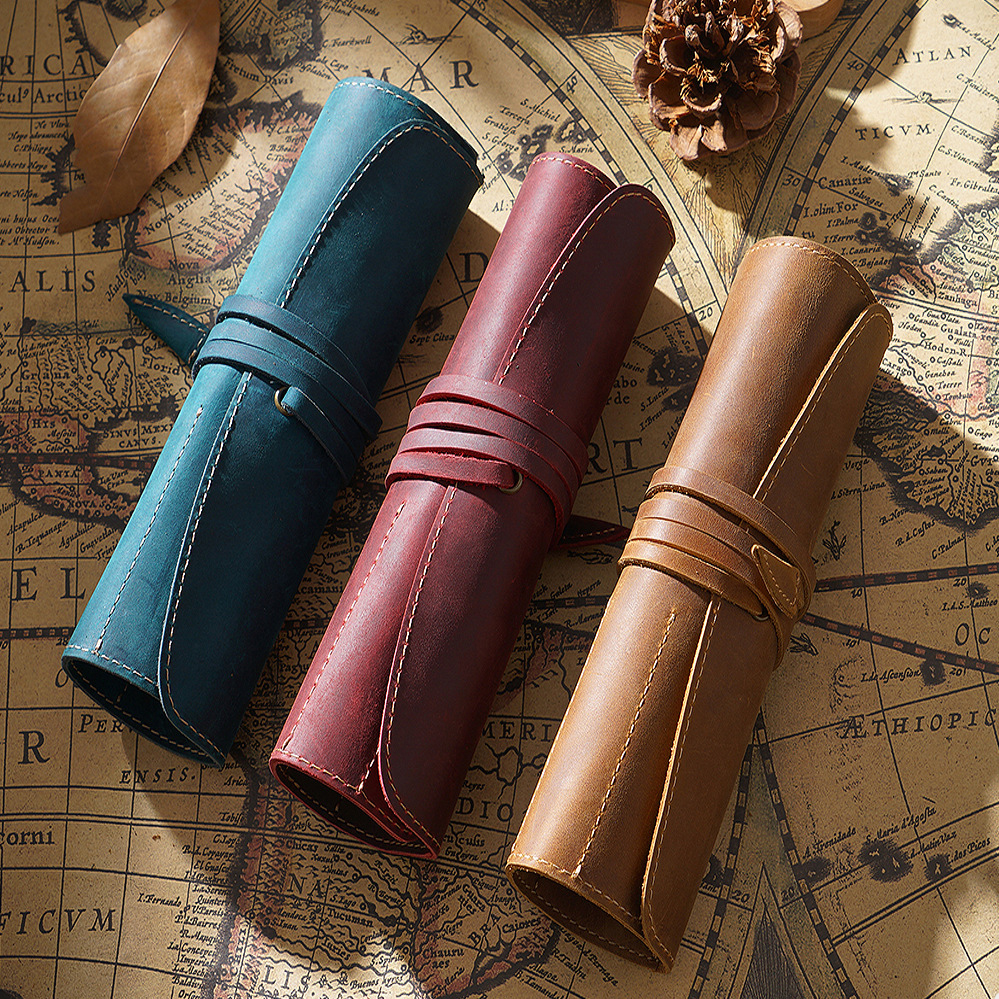 Cortina de bolígrafos de cuero Retro, estuche para lápices Simple, cortina enrollable para bolígrafos, bolsa para brochas de maquillaje, bolsa de almacenamiento de papelería, escuela y oficina