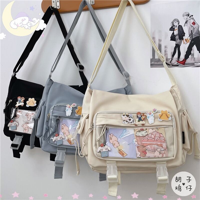 Tas Selempang Nilon untuk Anak Perempuan Tas Sekolah Tas Buku Transparan Jepang Tas Tangan Wanita Saku Tas Kurir Bahu