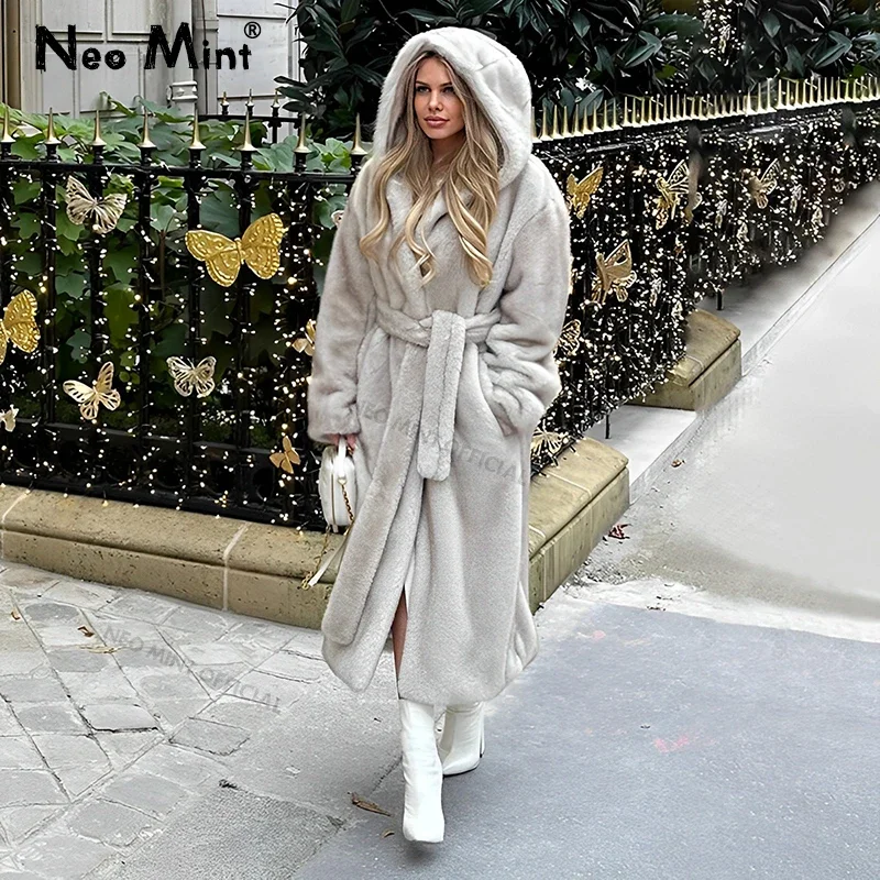 Neo Mint-abrigo de piel sintética de visón con cinturón para mujer, chaqueta de piel peluda degradado Beige de invierno, abrigo cálido con capucha de marca de lujo 2024