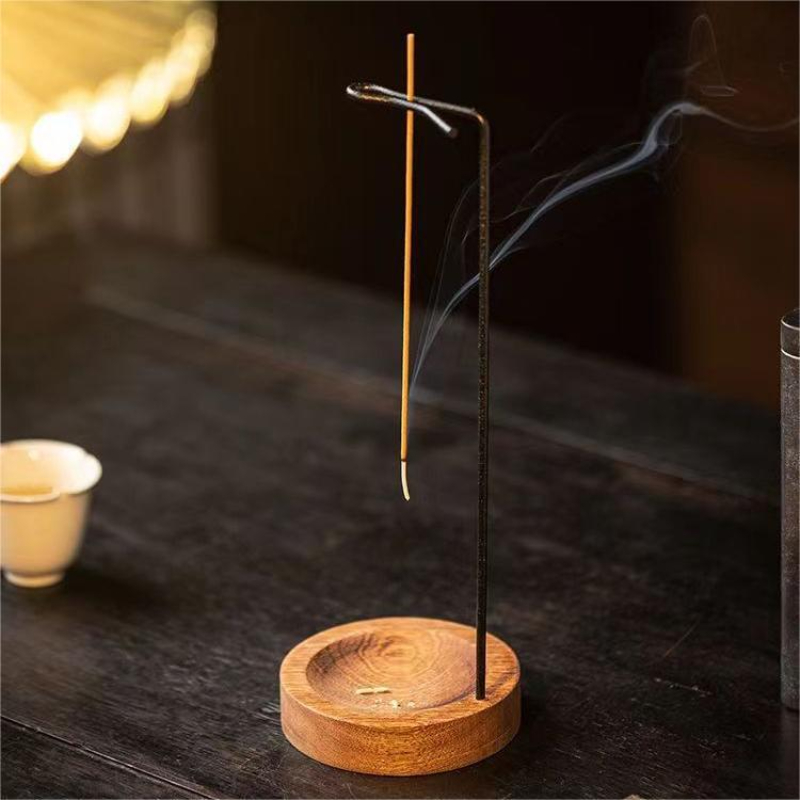 逆さま香炉 お線香用 吊り下げ金属 木製ベース付き OUDH 白檀 禅香立て