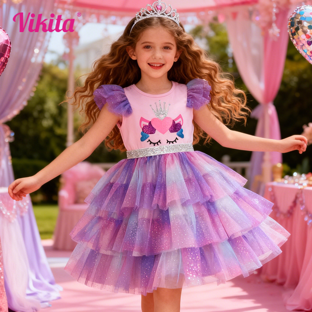 Meisjes peuter eenhoornjurk roze paars gradiënt glitter tule kroon hart ontwerp pluizig gelaagd schattig feest casual dagelijkse jurken