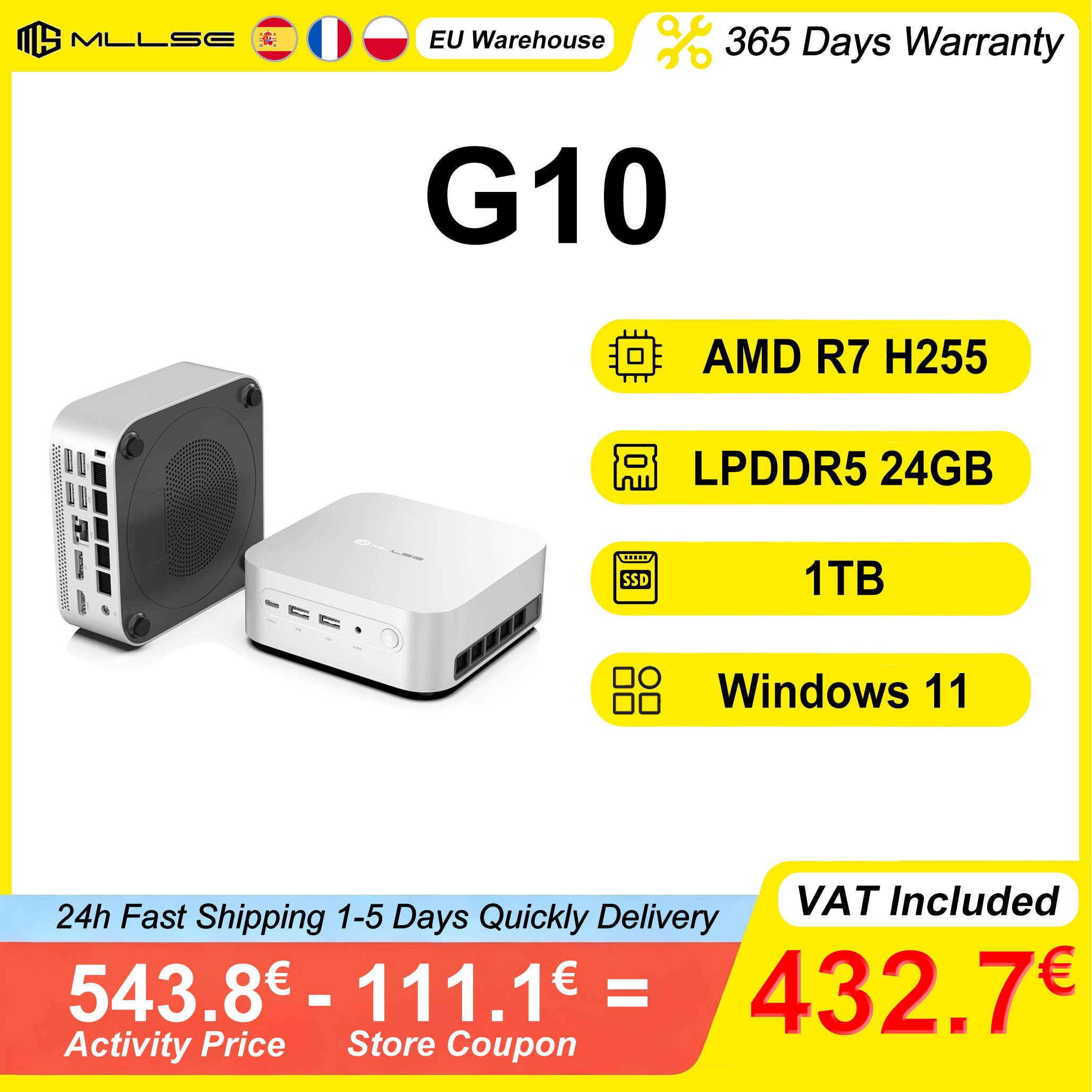 MLLSE G10 Mini PC AMD Ryzen 7 H255 24GB LPDDR5 RAM 1TB ROM Windows 11 AMD Radeon 780M WiFi 6 Bluetooth 5.2 HDMI DP