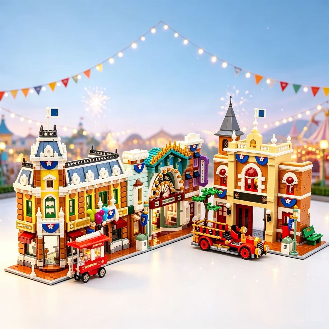 Conjunto de Blocos de Montar Criativo de Arquitetura de Rua Americana: Estação de Bombeiros, Apartamento e Parque – Brinquedo de Blocos para Adultos e Decoração de Casa