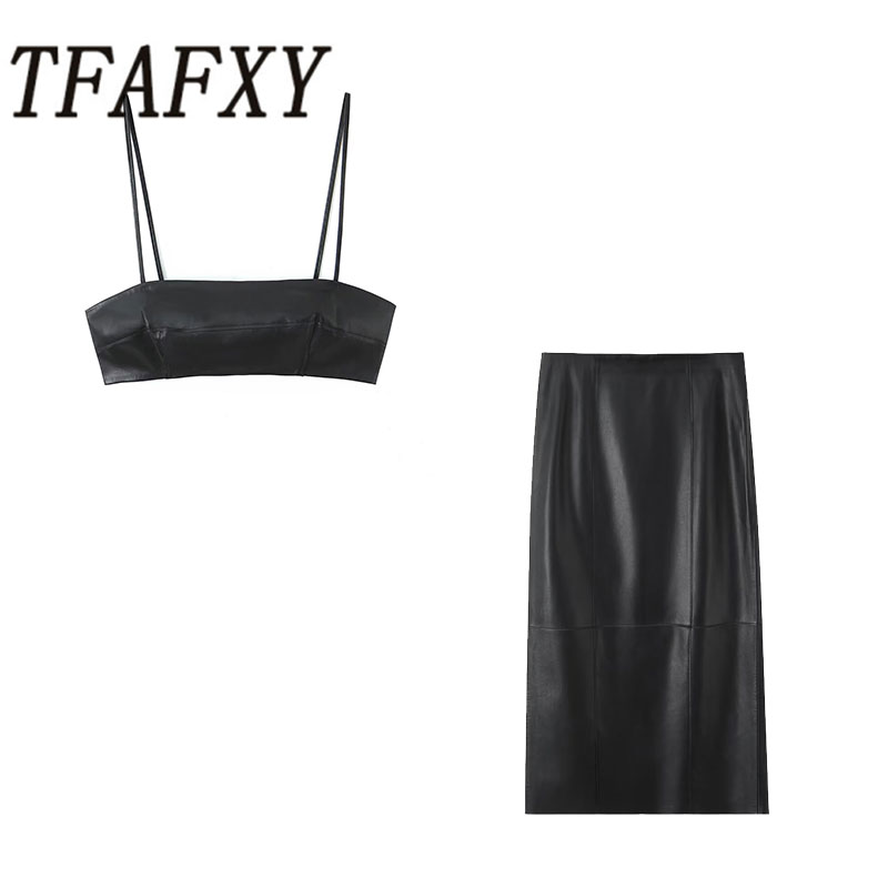 TFAFXY 2026 Primavera Ecopelle Casual Solid Chic Vestito da donna Cami Pieghe sottili Gilet Gonna longuette allentata Nuovi set femminili di moda