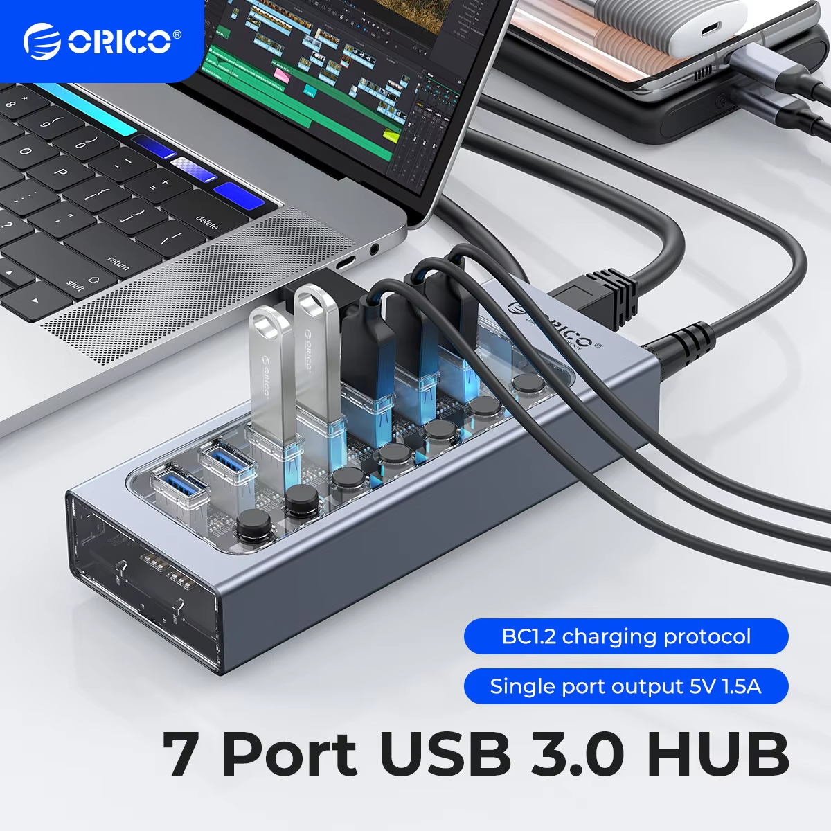 ORICO Powered USB 3.0 HUB 7/10/13/16 Ports USB Extension with On/Off Switches 12V Power Adapter Support BC1.2 Charging Splitter