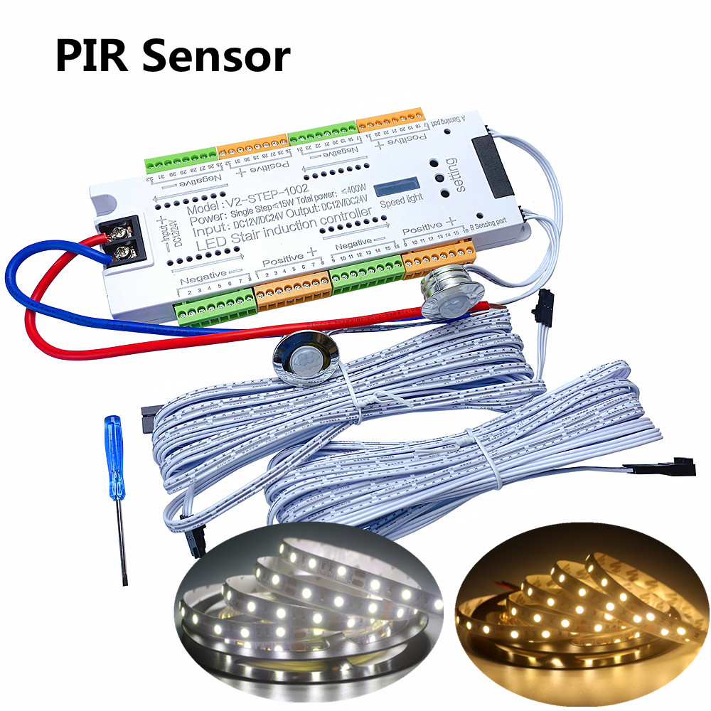 Tira de luces LED para escalera con Sensor de movimiento PIR, 12V, SMD 5050, cinta de lámpara blanca/blanca cálida, controlador de escalera de 32 vías, cinta LED de paso