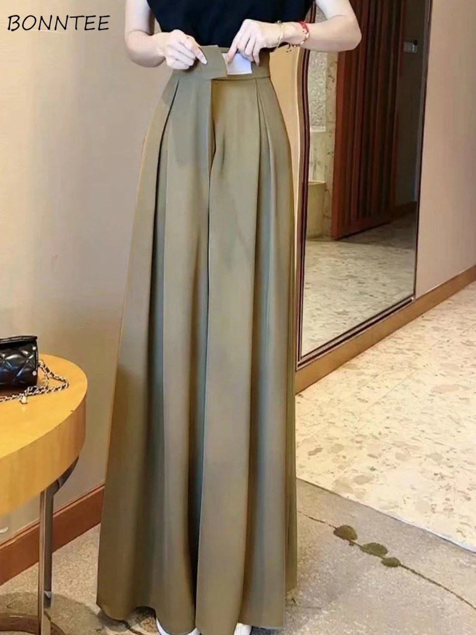 Casual calças de perna larga feminina cintura alta solta sólida plissado moda all-match elegante senhora do escritório magro simples estilo coreano