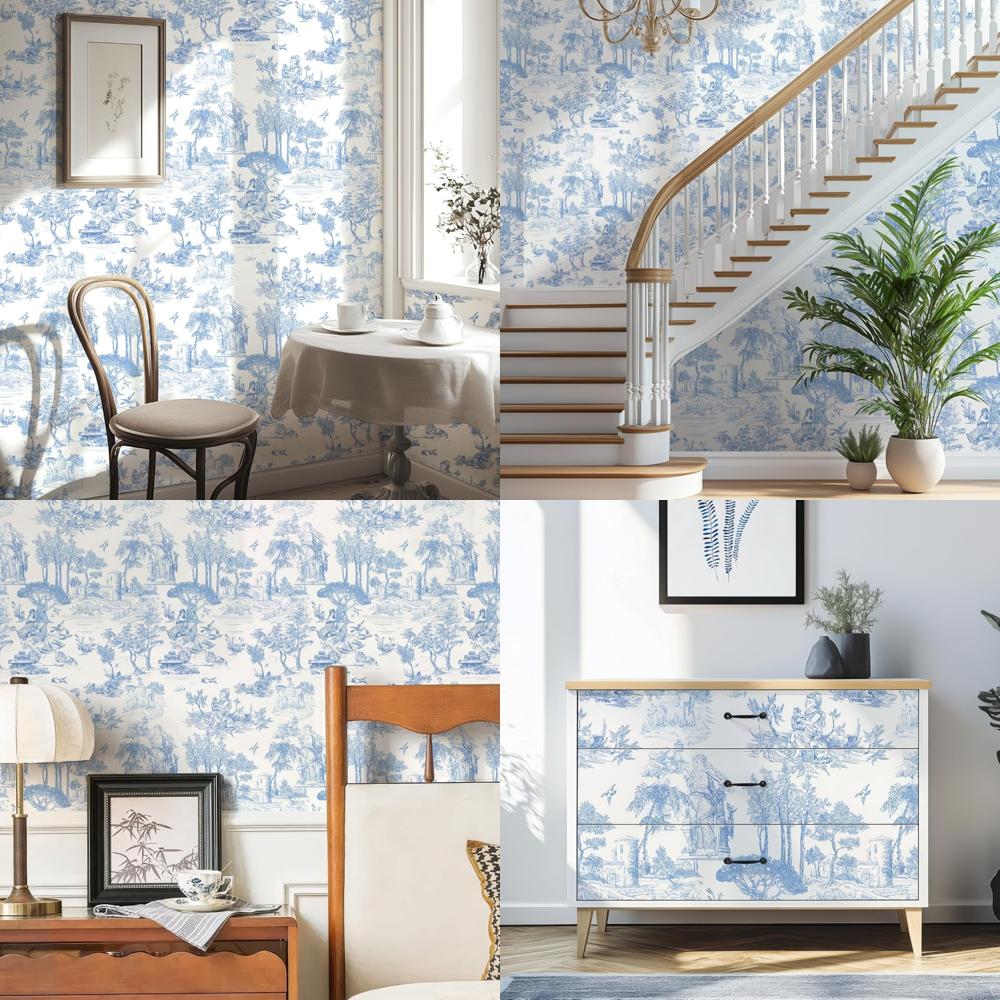 Blue and White Peel Stick Toile Wallpaper 17.7x590, Vintage French Inspired Contact Paper, Traditional Jouy Pattern
