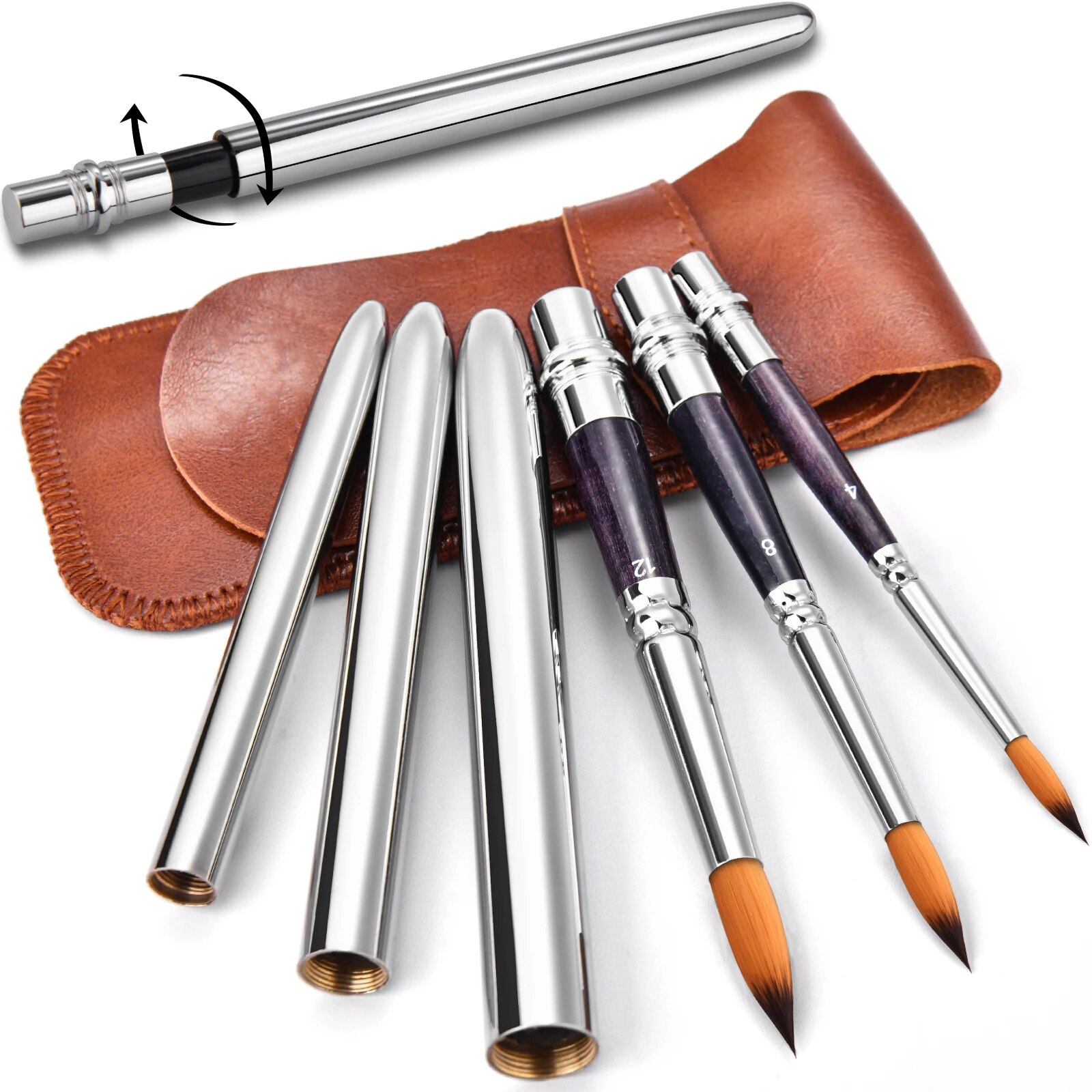 Pinceaux d'aquarelle de voyage, pinceaux de poche ronds en martre synthétique Extra longs avec poignée de étui de protection
