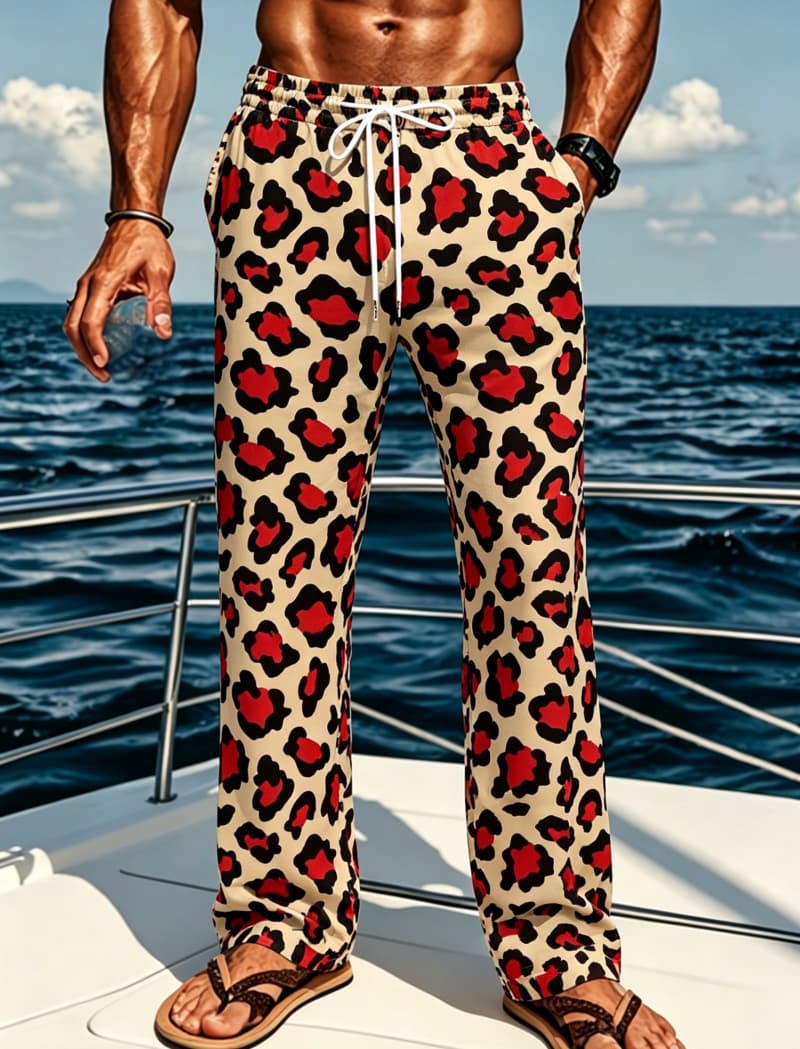 Unisex herenbroek met luipaardprint en minimalistische patronen, geschikt voor strandfeesten, zwembaden en streetwear.