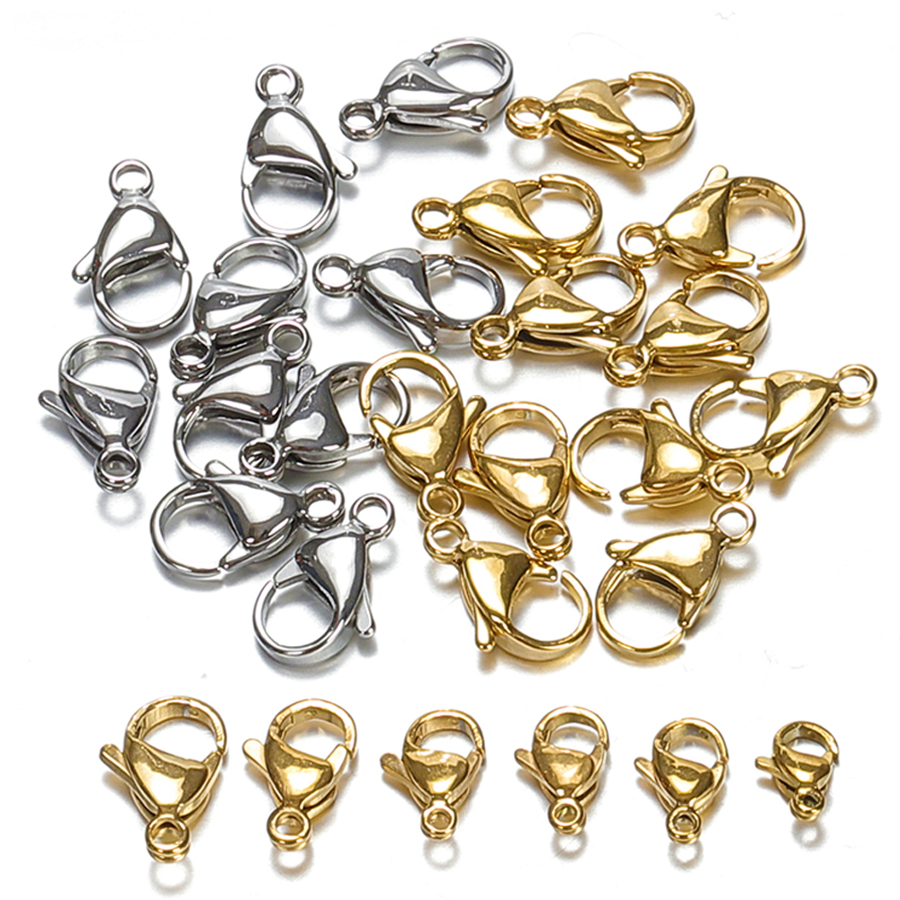 100 Stück 20 Stück 9–15 mm Edelstahl-Karabinerverschlüsse, goldfarbene Kettenklauenverbinder für Armbänder, Halsketten, DIY-Schmuckherstellung